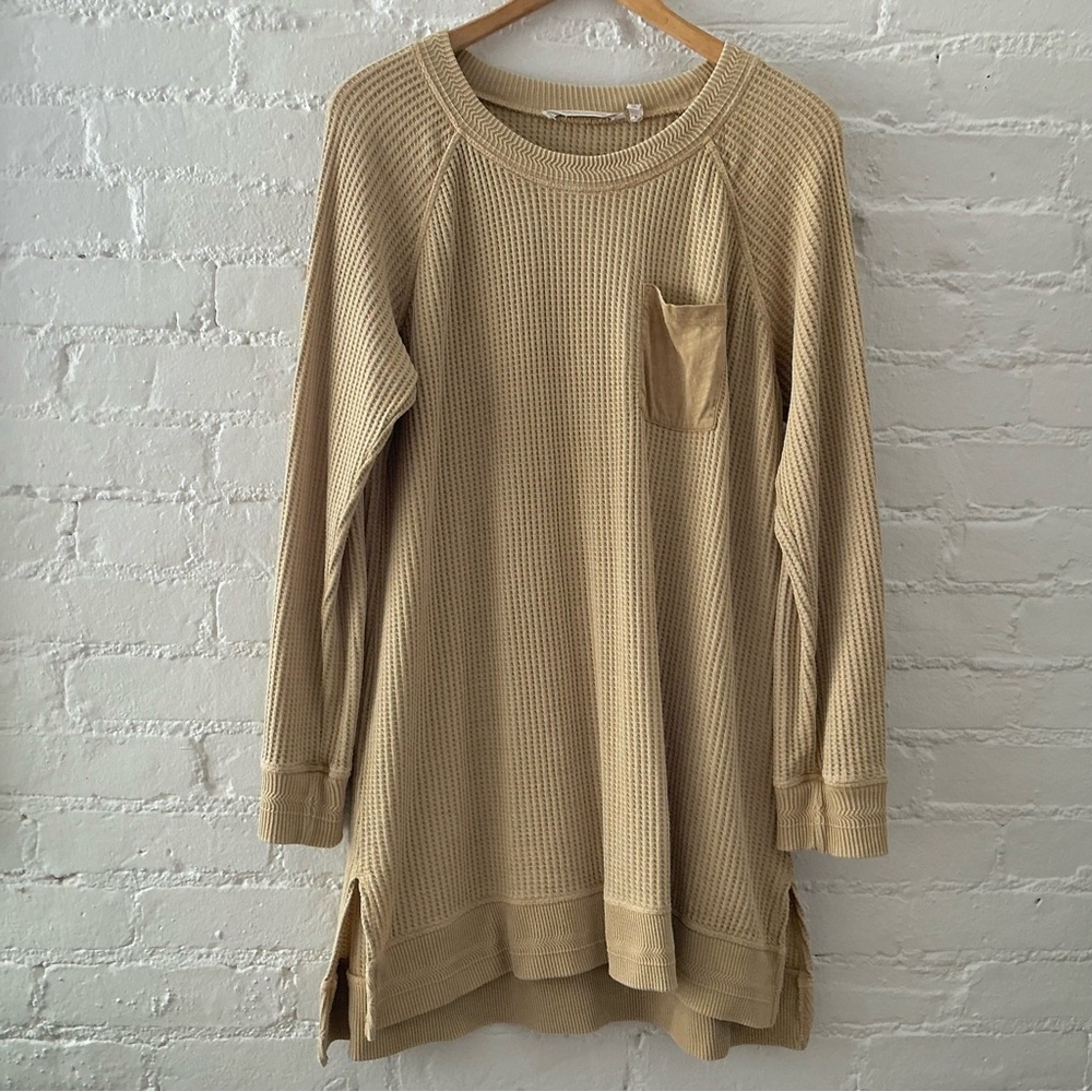 Soft Surroundings Long Sleeve Waffle Knit Tunic Top Tan Yellow Stained